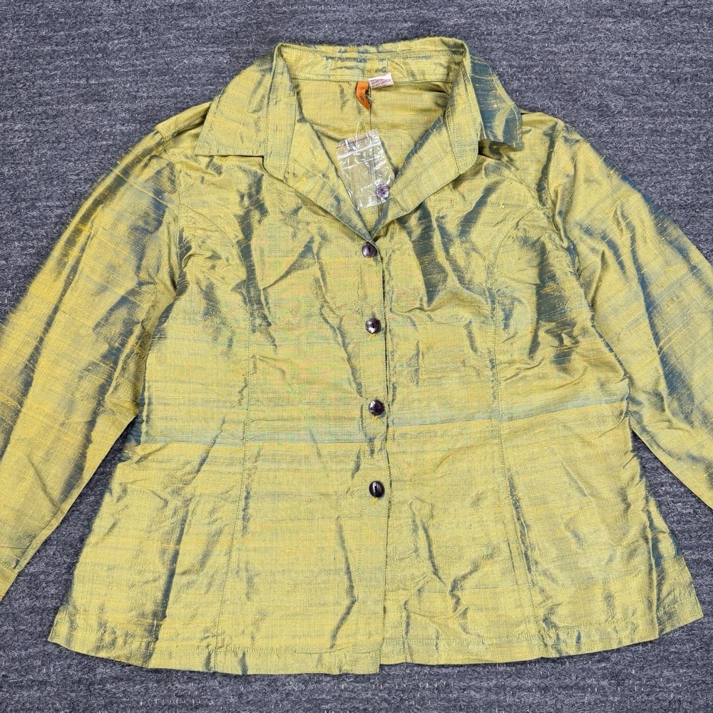Anu Silk Shirt Women XL Green Iridescent Button Up Artsy Funky Career Earthy